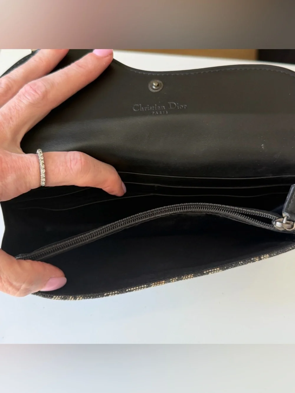 Christian Dior Oblique Saddle Wallet with D Charm Black Gray Canvas